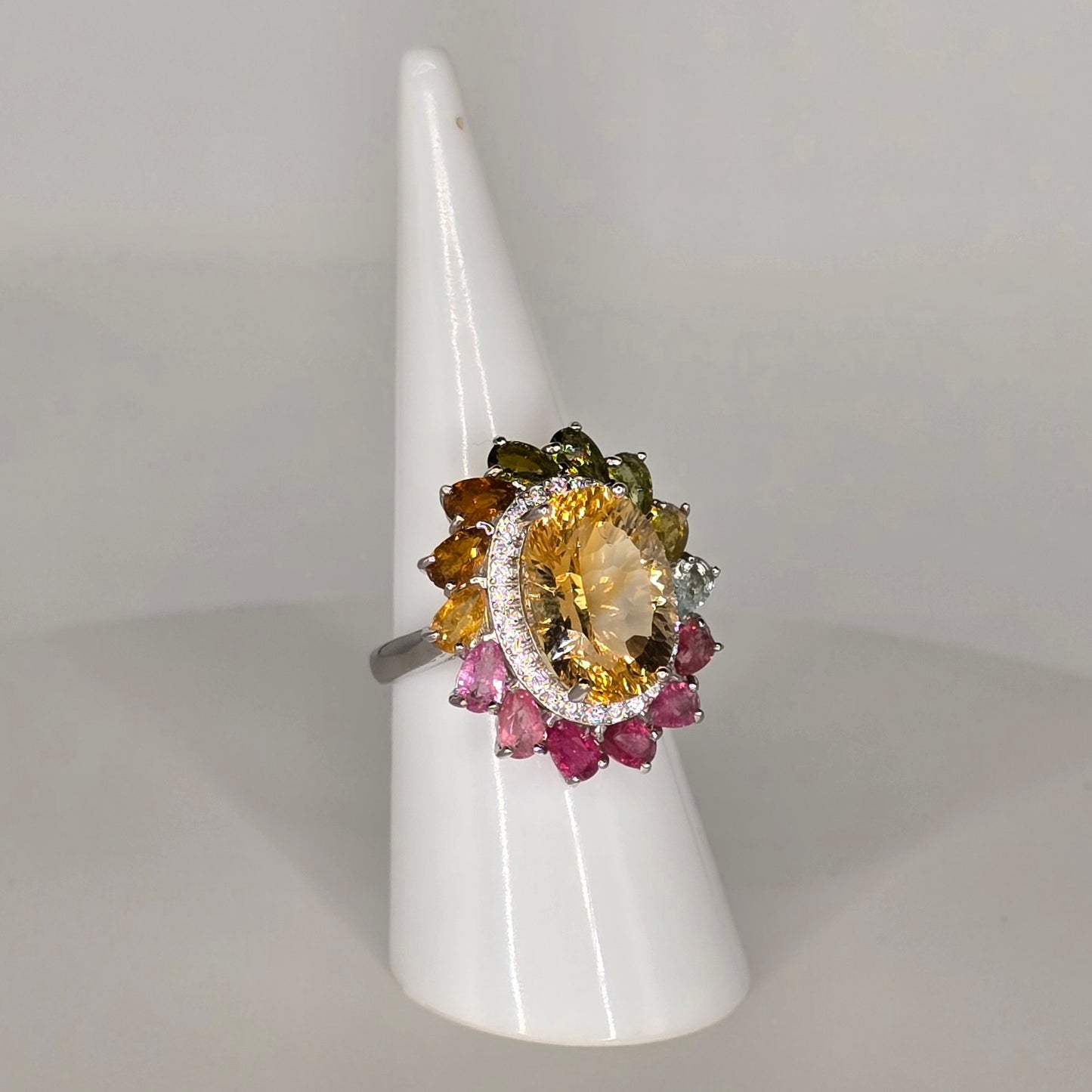 Sunflower Citrine and Tourmaline Adjustable Silver Ring