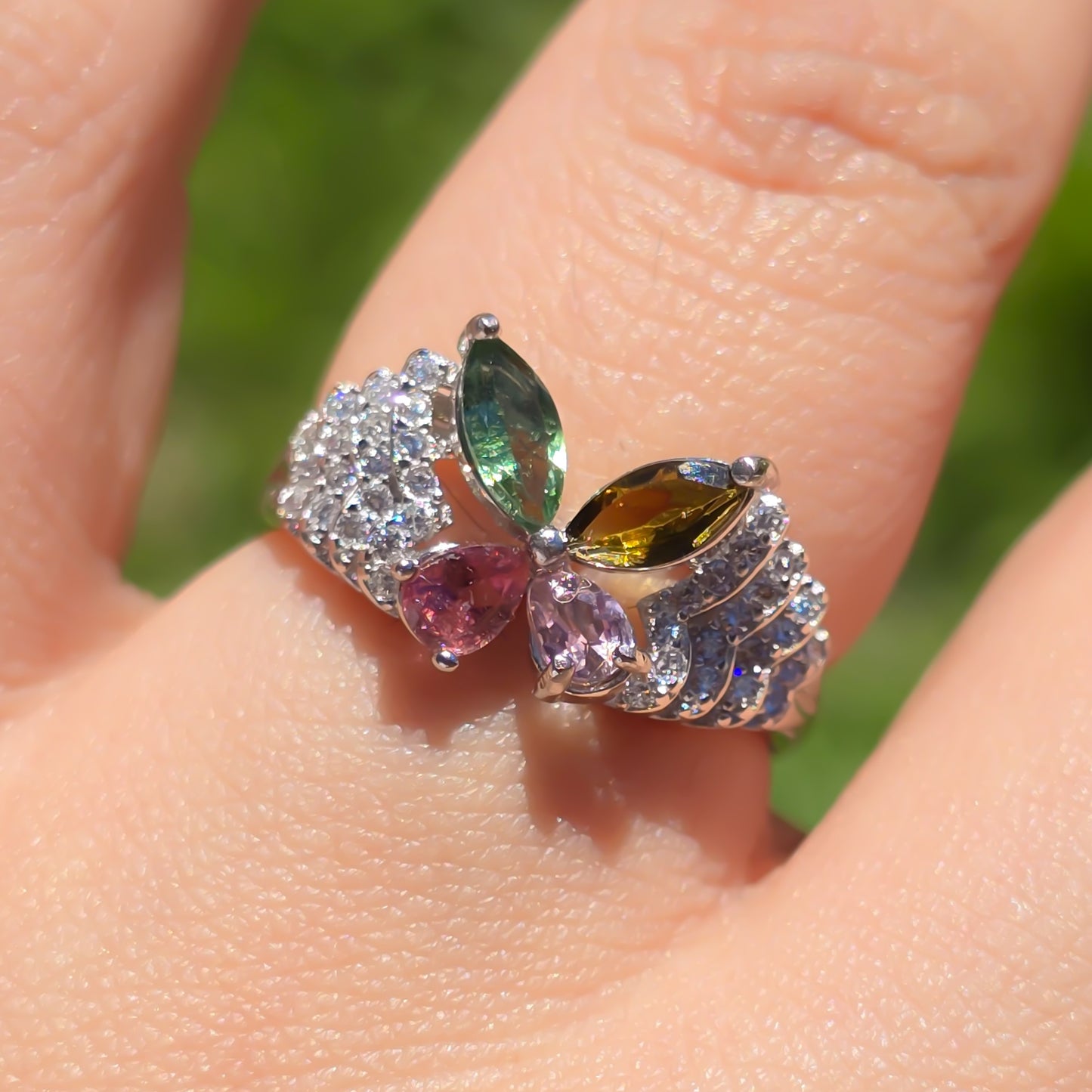 Aurora Wing Tourmaline Adjustable Silver Ring
