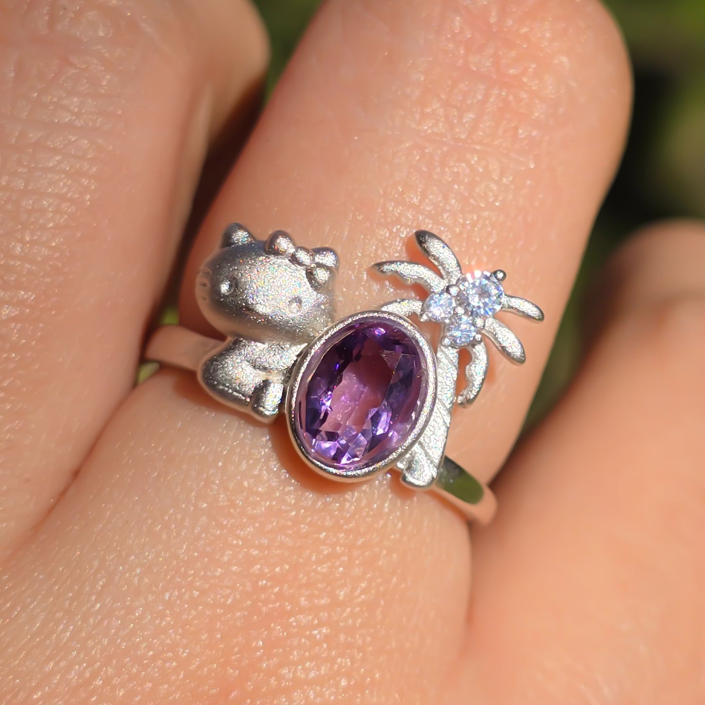 Kitty in Paradise Amethyst Adjustable Silver Ring
