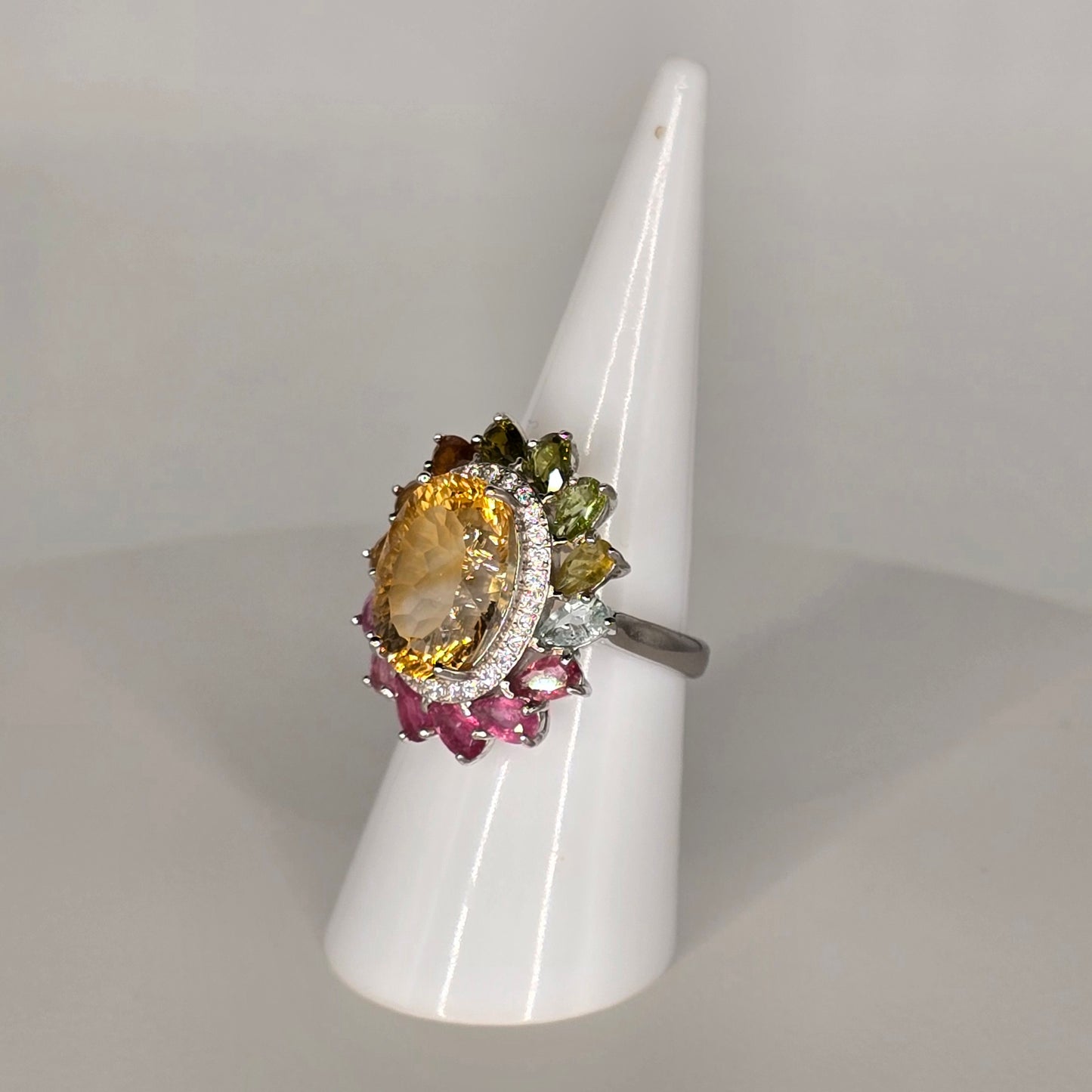 Sunflower Citrine and Tourmaline Adjustable Silver Ring