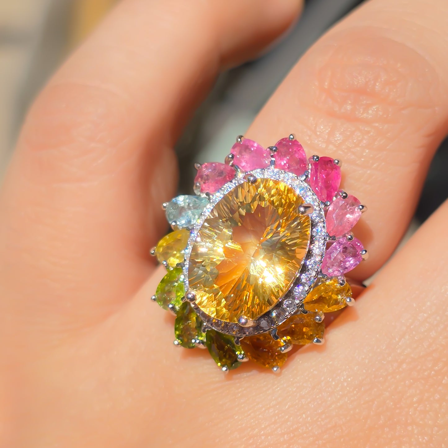 Sunflower Citrine and Tourmaline Adjustable Silver Ring