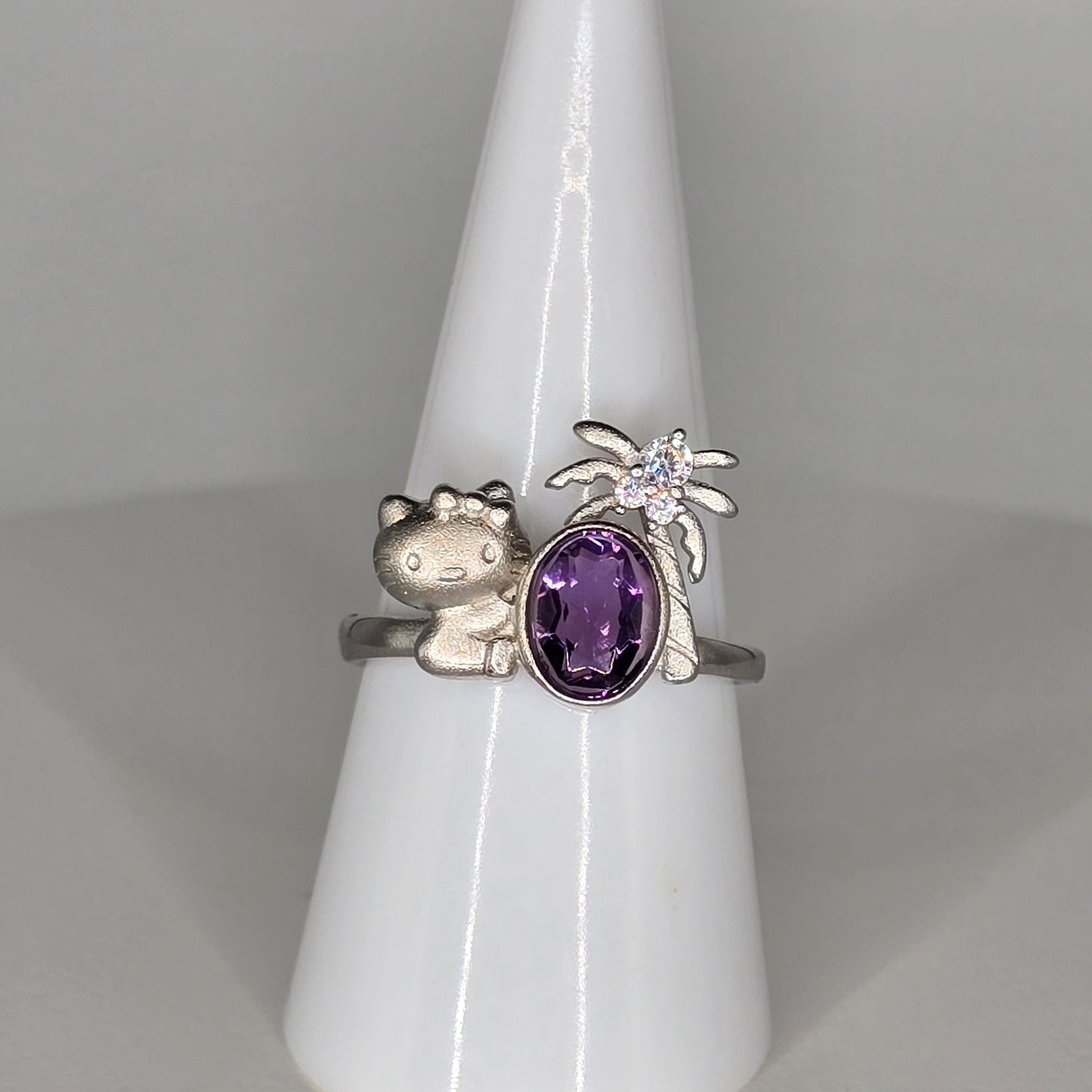Kitty in Paradise Amethyst Adjustable Silver Ring